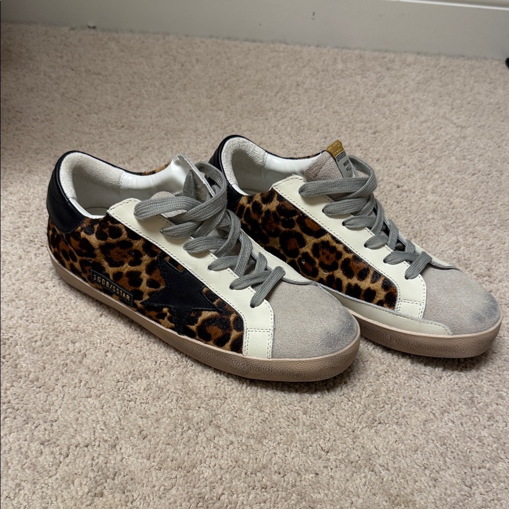 Golden Goose Leopard Print Sneakers with Black and Gray Accents